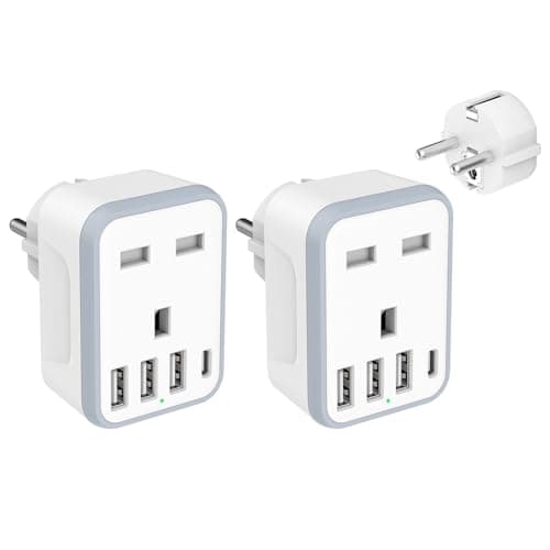 Loydia 2 Pack European Travel Adapter, 5 in 1 EU Plug Adapter with 4 USB Ports, UK to EU Travel Adaptor, Type E/F Schuko Grounded Euro Plug Adapter for Germany France Spain Turkey Portugal Poland