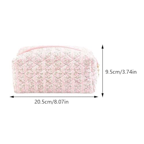 Square Floral Cosmetic Bag for Women, Quilted Large Capacity Makeup Pouch with Zipper Closure - Aesthetic Cotton Travel Toiletry Organizer (Pink) — view 2