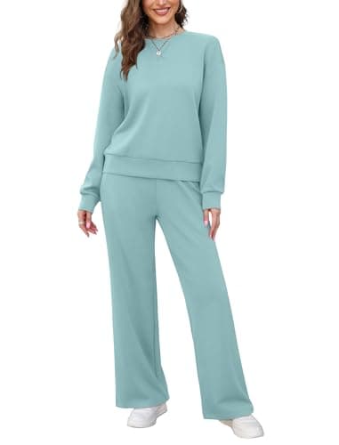 Saloogoe Lounge Sets for Women 2 Piece Sweatsuits Travel Outfits Fall Crewneck Sweatshirts Wide Leg Sweatpants Matching Sets, F-teal, M — view 3