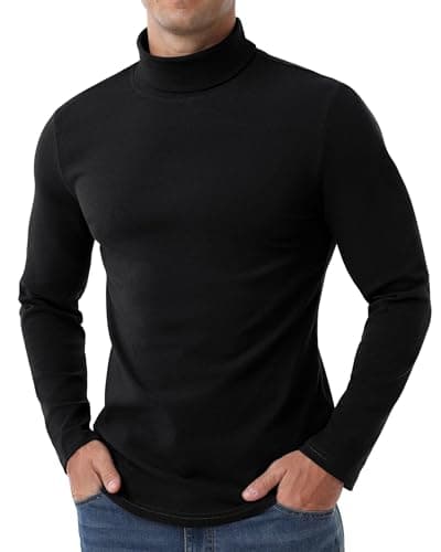 Hisir Men's Thermal Top, Long Sleeve Cotton Roll Neck Base Layer, Black, S — view 2
