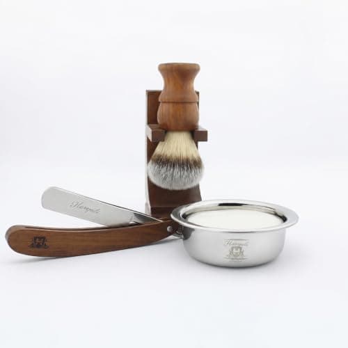 Haryali London, 7Pcs Wooden Straight Razor Shaving Kit for Men – Complete Wet Shaving Set with Leather Strop, Shaving Brush, Shaving Soap, Shaving Bowl, Paste & Stand – Mens Grooming Gift Set — view 3