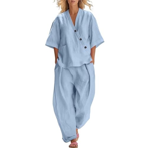 Travel Outfit Airport Set Women Two Piece Travel Sets For Women Co Ords Sets For Uk Lounge Wear Linen 2 Piece Set Cotton Spring+Break Outfits Vacation Pants Trendy V Neck Suit Linen Suits Light