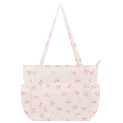Pink Bow Tote Bags for Women, Large Capacity Beach Bag with 6 Pockets, Polyester Pink Tote Bag for Work and Commute, Lightweight Cute Handbag for Daily Use, Perfect for School, Office and Shopping