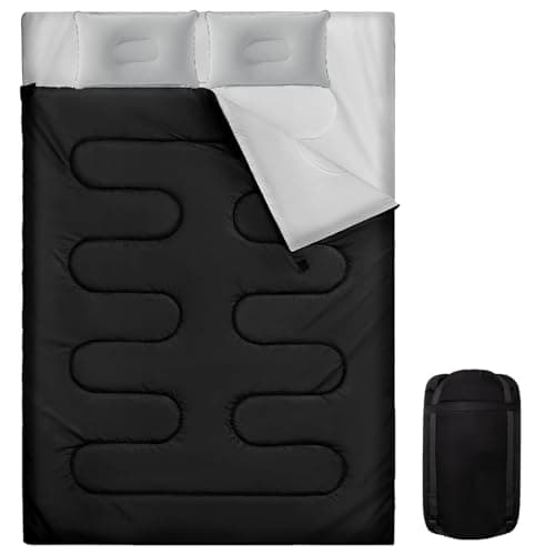 Sleeping Bag, 3-4 Season Double Sleeping Bag with 2 Pillows Camping Travel, Extra Large Lightweight Waterproof Indoor & Outdoor Use for Adults for Hiking, Backpacking and Camping (Black Double)
