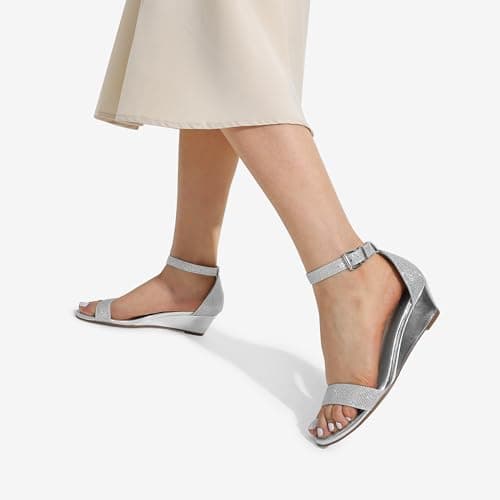 DREAM PAIRS Women's Ingrid Ankle Strap Low Wedge Sandals,Size 5.5,Silver/Plaid,Ingrid — view 2