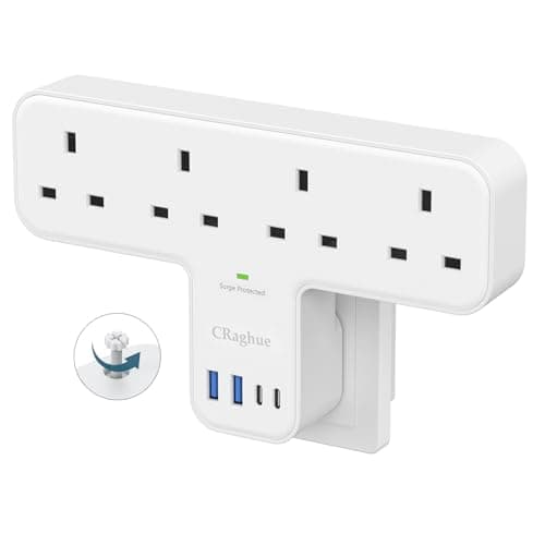 CRaghue Multi Plug Adapter, 8 in 1 Plug Extension Socket 4 Way with 4 USB, Plug Adapter UK, Wall Socket Plug Extender for School Home, Kitchen, Office, White