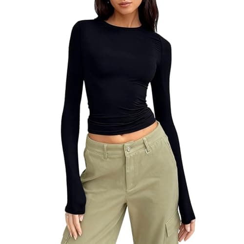 OYIWINMI Womens Long Sleeve Basic Tops Crew Neck Thermal Shirts Stretch Fitted Underscrubs Layer Tee Black XXS-L — view 2