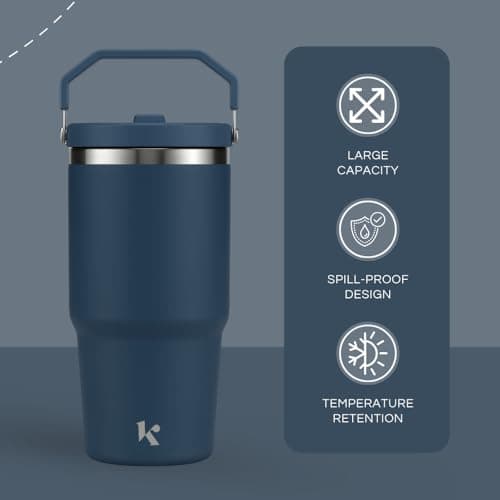 Kichna Blue Tumbler with Straw & Lid | Stainless Steel Double Wall Insulated Travel Mug | Leak Proof with Carry Handle | Design Keeps Drinks Cold or Hot | Perfect for Coffee, Water, Smoothies — view 4
