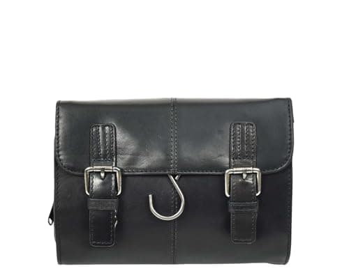 Real Leather Hanging Toiletry Wash Bag for Mens Travel Shaving Kit Pouch Cruise Black