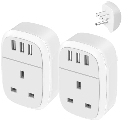 Jmfufnv UK to US Adaptor Plug, 2PK USA Travel Adapter with 3 USB Ports for American Canada Mexico Thailand Colombia Grounded Charger, 4 in 1 US Plug Adapter from UK for Phone Pad and more (Type B)