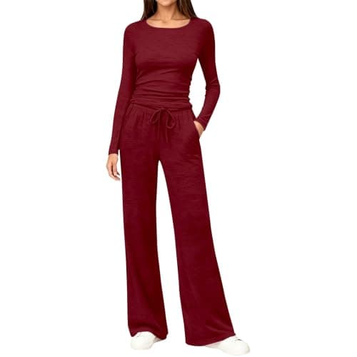 Travel Sets for Women Burgundy 2 Piece Co Ord Outfit Set Long Sleeve Top with Drawstring Wide Leg Pants Airport Travel Outfit Casual Holiday Clothes for Women UK Home Travel Streetwear Size L