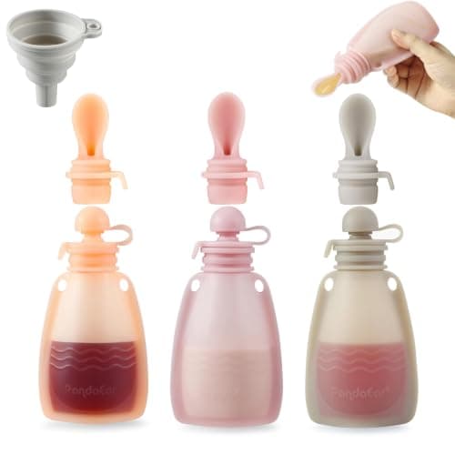 PandaEar 3 Pack Reusable Baby Food Pouches with Spoon Attachments & Filling Funnel – Silicone Squeeze Feeder for Weaning – Refillable Yoghurt & Puree Storage 150ml/5.5oz (Pink/Linen)