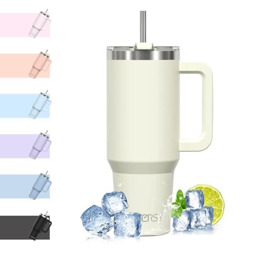 WATERSY Travel Mug Coffee Cup 40oz Tumbler Straw Lid and Handle, Stainless Steel Double Wall Vacuum Insulated Coffee Water Bottle for Cold Hot Coffee 1182ml Cream White