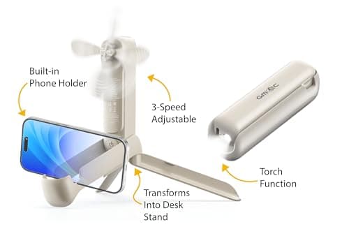 GMEC 3-in-1 Mini Handheld Fan with Phone Holder & Desk Stand - Portable Travel Essentials Mini Fan for Men, Women, Teens & Children - 3 Gear Speed, Rechargeable fan, USB Desk Fan & Torch - Beige — view 2