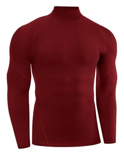 Runhit Burgundy Long Sleeve Compression Top High Neck T Shirts for Men Quick Dry Gym Fitness Workout MMA BJJ Training Base Layer M