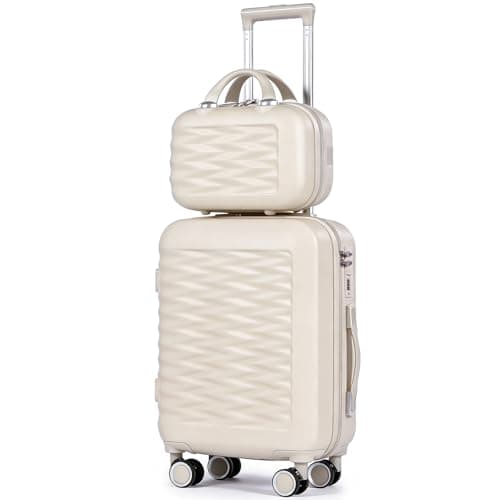 H.yeed 20 Inch Cabin Suitcase with 12 Inch Vanity Case Lightweight ABS Hard Shell Suitcase Trolley Luggage Travel Case with Spinner Wheels (Beige, 2 pc Set)