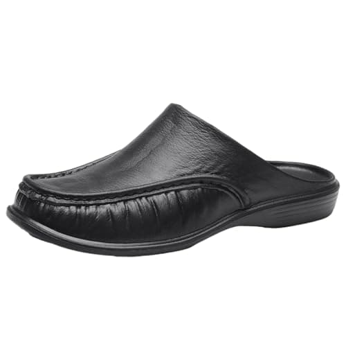 Mens Orthopedic Leather Clogs Breathable Slip on Mules Slippers Men Casual Modern Wide Fit Flat Trainers Arch Support Large Size Walking Shoes Backless Indoor Outdoor Sandals (Black, 9.5)