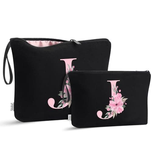 Vavabox 2Pcs Initial Toiletry Bags Set Birthday Gifts for Women (J, Black)