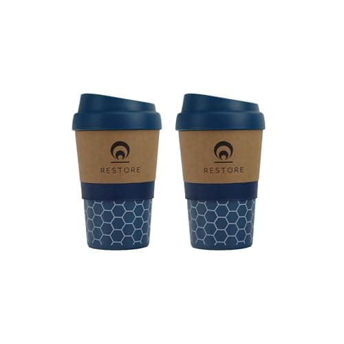 Restore Coffee Cup Travel Mug, Renew 320ml Multi Coloured Pack Reuseable Polypropylene Silicone Grip Leakproof BPA Free Beverage Cup, Fits Standard Cup Holders (2 Pack Navy)