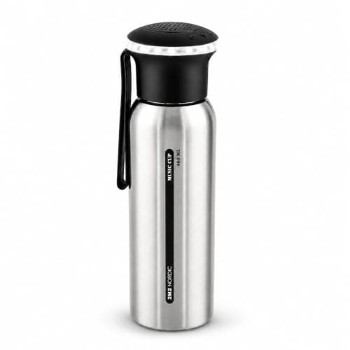 On the Go Hydration & Entertainment Silver 460ml Stainless Steel Water Bottle with Bluetooth Speaker.