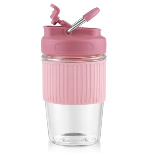 Sivaphe Reusable Glass Coffee Cup | 16oz/450ml Leakproof Travel Mug with Portable Metal Handle,Pink| Borosilicate Glass,Eco-Friendly,BPA-Free|Camping,Gifts,Car Mug,School