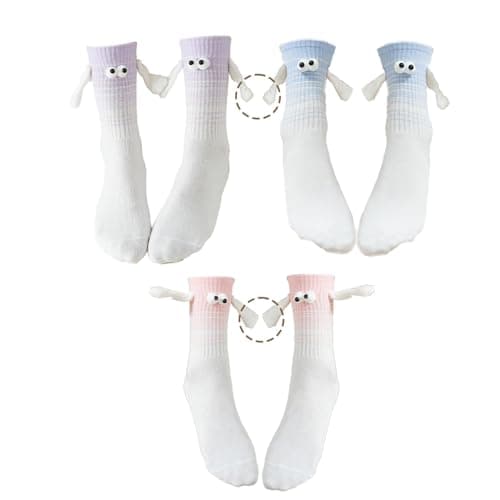 3 Pairs Magnetic Socks That Hold Hands Set, 3D Doll Funny Socks Couple Gifts, Bright Colors and Eye Catching Designs, Funny Gifts for Friends Family or Couples (Purple Pink Blue)