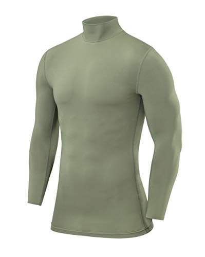 PowerLayer Men's Compression Base Layer Top Long Sleeve Under Shirt - Mock Neck - Army, M