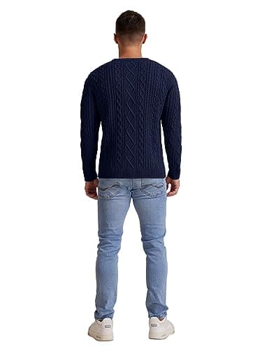 Hisir Men's Cable Knit Jumper, Thick Warm Crew Neck Winter, Navy Blue, XXL — view 6