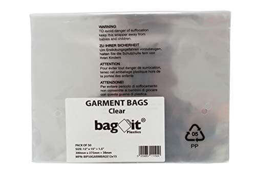 bag it Plastics 50 Clear Self Seal Clothing Packaging Bags 12" x 15" (300mm x 375mm) - Resealable Garment Bags with Printed Safety Warning - for Selling Clothes, T-Shirts & Tops — view 3