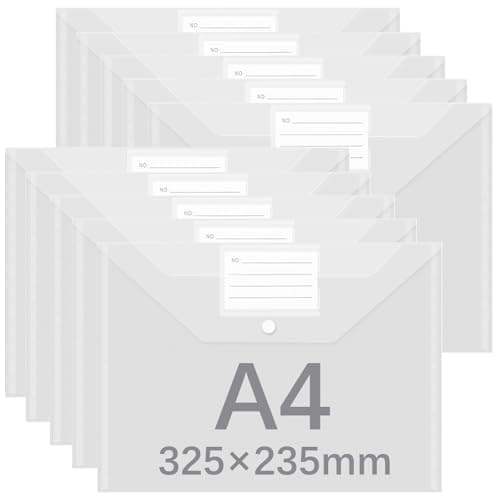 GESDYO 10 Pack A4 Plastic Folders Document Files Envelope Clear Wallets Plastic Popper Wallets with Label Pocket and Snap Button Suitable for Document Storage at School, Work and Home
