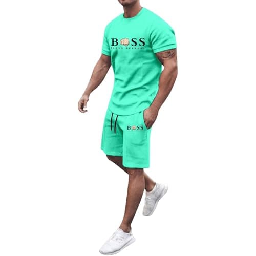 Bauzuoyo 2-Piece Men's Summer Short Jogging Suit, Baggy Tracksuit, Shorts and T-Shirt Set, 2-Piece Sports Suit, Fitness Clothing, Gym Tracksuit, Streetwear, Hawaii, Beach, Travel, Mint green, M