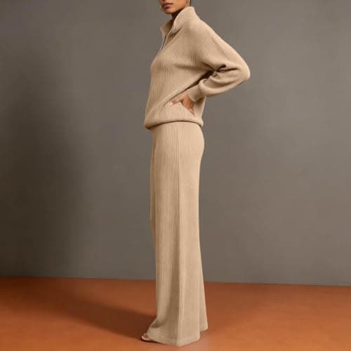 Tracksuit Womens Full Set 2 Piece Lounge Wear Sets Ladies Long Sleeve Half Zip Tops and Jogging Bottoms Comfort Activewear Sets Fashion Casual Thermal Autumn Winter Outfits Khaki M — view 4