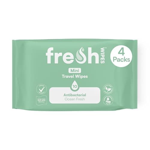 FreshWipes Mini Antibacterial Body Wipes for Adults 4 Pack (40 Wipes) - Biodegradable Wet-Wipes - Dermatologically Tested & Suitable for the Elderly or Disabled - Great for Camping (Ocean Fresh)