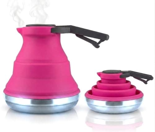 Heather UK Collapsible Kettle Camping Foldable Camping Kettles 1.5L Silicone and Aluminium Gas Stove Top Folding Portable Travel Kettle for Holiday Caravan Large Pink