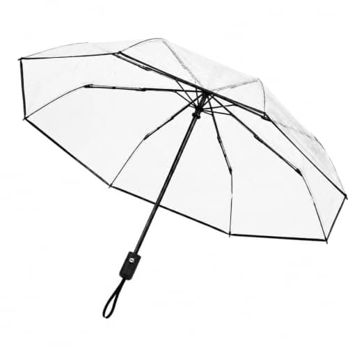 PAXQNVTR Compact Clear Umbrella, Auto Open Close Folding, Transparent, 8 Rib Tri Fold, Travel Rain Umbrella for Women and Men, White Trim (Black)