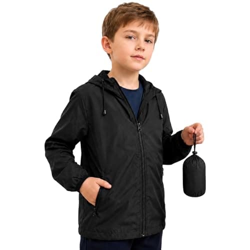 Kids Lightweight Waterproof Jacket with Zip Pocket – Boys & Girls Breathable Rain Coat for School & Travel – Packable with Pouch for Changeable UK Weather (UK, Age, 4 Years, 5 Years, Regular, Black)