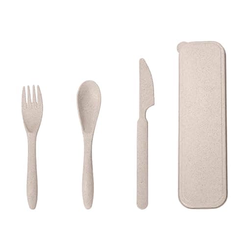 FUZVOL Cutlery Set Reusable Knife Fork Spoon Set with Case Portable Travel Utensils Eco-Friendly Flatware Set 3PCS Service for Outdoor Picnic Camping Off White