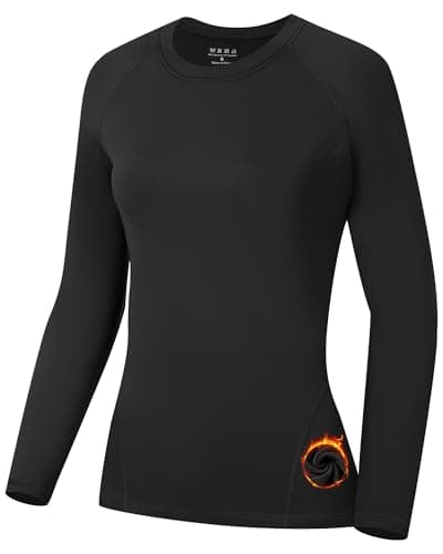 Runhit Thermal Tops Womens Long Sleeve Fleece Lined Compression Shirt Soft Warm Base Layer Moisture Wicking Sports Underwear for Ski, Running Gym Workout Black 2XL