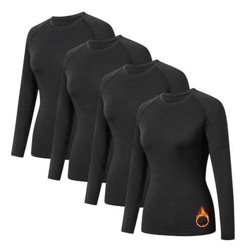 HYCOPROT 4 Pack Women's Thermal Compression Shirts Long Sleeve Fleece Lined Athletic Tops Winter Baselayer Workout Underwear Shirt Warm Wicking Crew Neck Basic Tee Gym Clothing Yoga Running Hiking