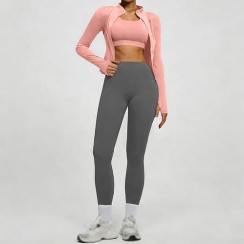 Yoga Workout 2 Piece Set Women Seamless Long Sleeve Zipper Jacket High Waist Butt Lifting Leggings Gym Active Stretch Fitness Wear Set(Rose Gold, M) — view 2