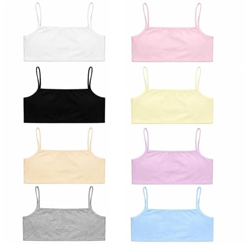 8 Pack Girls Crop Tops & Training Bras, Cotton Set for Ages 8-12 | Over 90% Cotton, Light Support, 8 Crop Tops, Ages 8-12, 8 Colours, for School, PE And Daily Wear