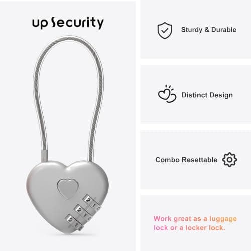UP Security Premium Combo Lock, Combination Locks for Travel Security, Small Cable Lock for Backpack, Travel Security, Luggage, Suitcase, Bag, Anti-Theft, 3-Digit Password, No Keys (Silver+Silver) — view 2