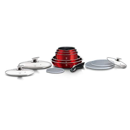 12 Pcs Colorful Space Saving Cookware Frying Pan Sauce Pan Casserole Pot Set Induction Lid Handles (Red) — view 5