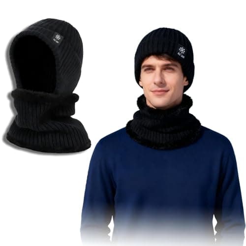 YCZARD Winter Beanie Hat Neck Warmer Set, Windproof Thermal Fleece Line Warm Winter Hat and Scarfs Set for Men & Women Running Jogging Skiing Cycling Black