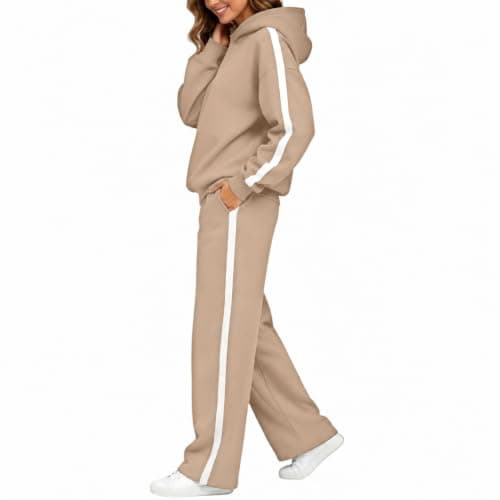 Womens Khaki Travel Outfits Two Piece Hoodie Trouser Set — view 2