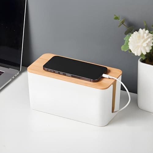 Cable Tidy Box White Cable Box with Bamboo Lid Cable Organiser Cable Management Box for Hiding Cables and Plugs — view 4