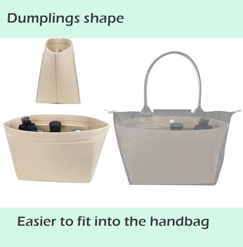 Lckaey tote bag organizer insert for Longchamp le pliage large tote insert felt purse zipper bag organizer beige, L/16.5 * 6.7 * 9.8in — view 3