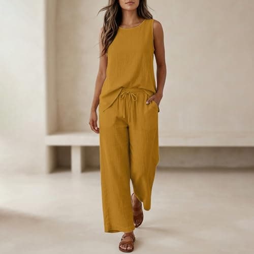 Ladies Travel Outfits Coord Sets for Women Uk Summer 2 Piece Cotton Linen Airport Outfit Sleeveless Womens Tank Tops Wide Leg Trousers Casual Travel Beach Holiday Clothes Lounge Wear Set Gold M — view 2