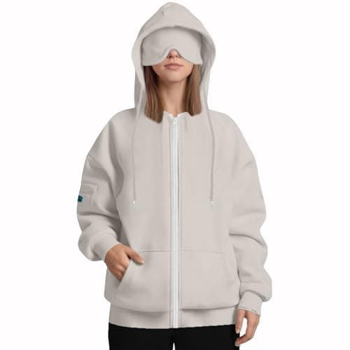 Womens Travel Hoodies with Eye Mask Built in Oversized Airplane Hoodie Secret Pockets Pullover Zip Up Hooded Sweatshirt Autumn Winter Thermal Fleece Jackets Tops UK Size — view 5