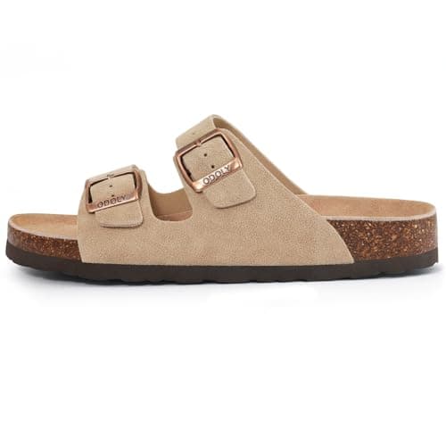 ODOLY Unisex Cork Footbed Slide Sandal, Arch Support Summer Outdoor Sandals with Adjustable Buckle for Women and Men, Taupe Suede, 6.5-7 Women/5-5.5 Men — view 3